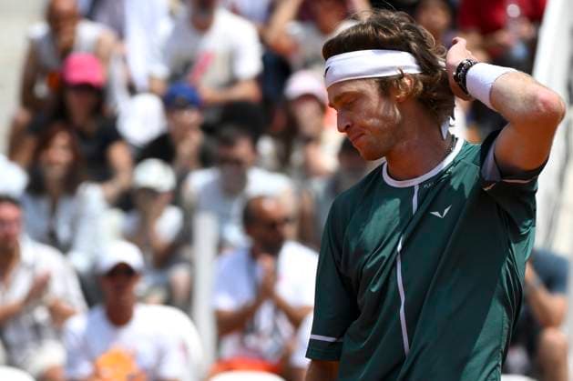 Andrey Rublev of Russia reacts during the match against Alexandre Muller of France at the Internazionali BNL d Italia 2024 tennis tournament at Foro Italico in Rome, Italy on May 13, 2024. antoniettaxbaldassarre