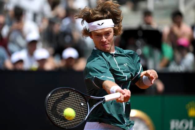 Andrey Rublev of Russia in action during the match against Alexandre Muller of France at the Internazionali BNL d Italia 2024 tennis tournament at Foro Italico in Rome, Italy on May 13, 2024. antoniettaxbaldassarre