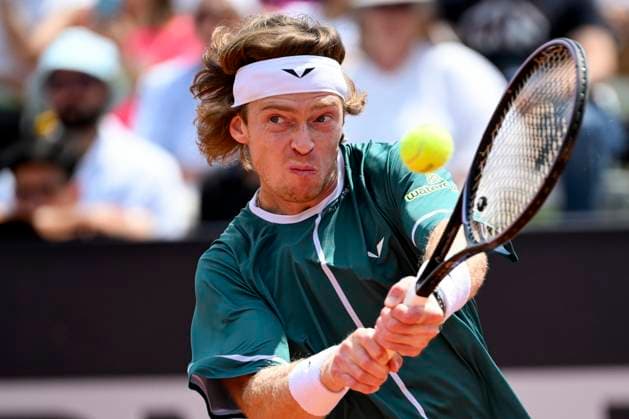 Andrey Rublev of Russia in action during the match against Alexandre Muller of France at the Internazionali BNL d Italia 2024 tennis tournament at Foro Italico in Rome, Italy on May 13, 2024. antoniettaxbaldassarre