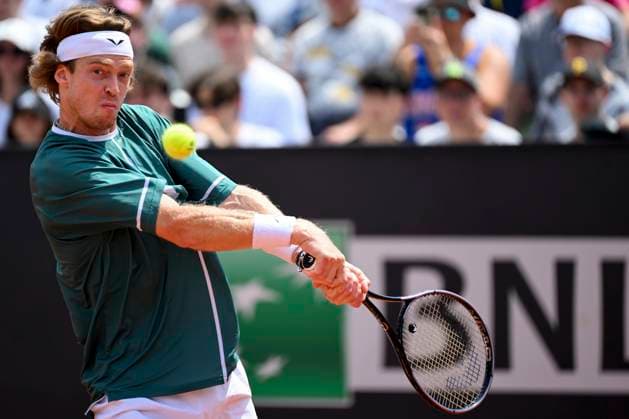 Andrey Rublev of Russia in action during the match against Alexandre Muller of France at the Internazionali BNL d Italia 2024 tennis tournament at Foro Italico in Rome, Italy on May 13, 2024. antoniettaxbaldassarre