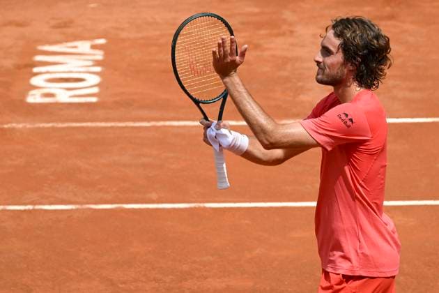 Stefanos Tsitsipas of Greece celebrates at the end of his match against Cameron Norrie of Great Britain at the Internazionali BNL d Italia 2024 tennis tournament at Foro Italico in Rome, Italy on May 13, 2024. Stefanos Tsitsipas defeat Cameron Norrie 6-2, 7-6. antoniettaxbaldassarre