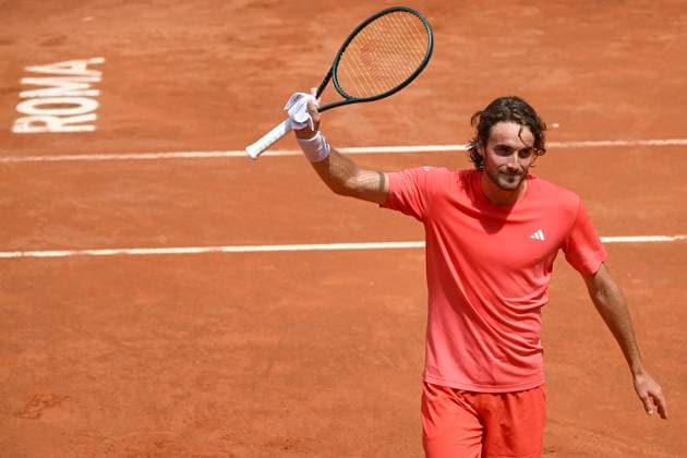 Stefanos Tsitsipas of Greece celebrates at the end of his match against Cameron Norrie of Great Britain at the Internazionali BNL d Italia 2024 tennis tournament at Foro Italico in Rome, Italy on May 13, 2024. Stefanos Tsitsipas defeat Cameron Norrie 6-2, 7-6. antoniettaxbaldassarre