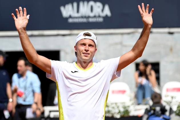 Alexandre Muller of France celebrates at the end of his match against Andrey Rublev of Russia at the Internazionali BNL d Italia 2024 tennis tournament at Foro Italico in Rome, Italy on May 13, 2024. Alexandre Muller defeated Andrey Rublev 3-6, 6-3, 6-2. antoniettaxbaldassarre