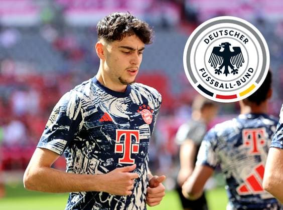 Frankfurt, Germany 13 May 2024 Football, Men, DFB, National team, Season 2023 2024 Attention photo montage Here in the picture Aleksandar Pavlovic FC Bayern Munich who, according to reports, should have been nominated by Julian Nagelsmann, national coach, German national football team for the squad of the European Championship 2024, on the right the logo of the DFB