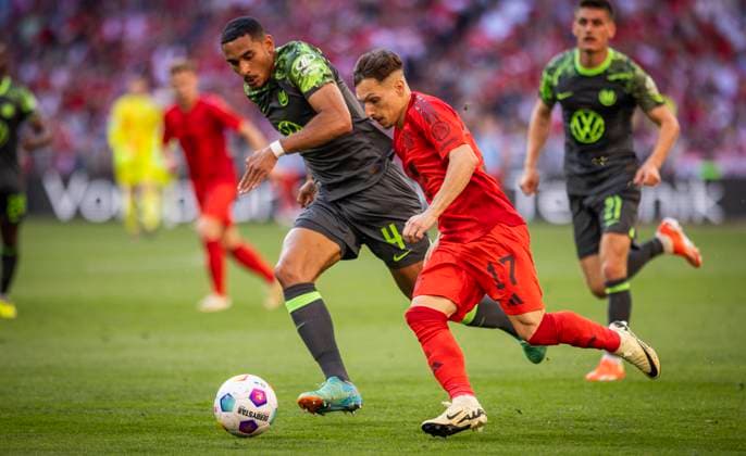 Munich, Germany May 12th 2024 Bryan Zaragoza Munich Maxence Lacroix Wolfsburg FC Bayern Munich VfL Wolfsburg 12 05 2024