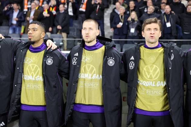 26 03 24 Germany Netherlands Germany, Frankfurt, 26 03 2024, Football, FIFA, Friendly match, DFB Germany Netherlands f l Benjamin Henrichs, Waldemar Anton, Thomas Müller all Germany