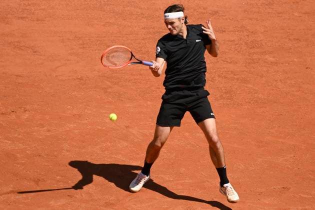 Taylor Fritz of United States of America in action during the match against Grigor Dimitrov of Bulgaria at the Internazionali BNL d Italia 2024 tennis tournament at Foro Italico in Rome, Italy on May 14, 2024. antoniettaxbaldassarre