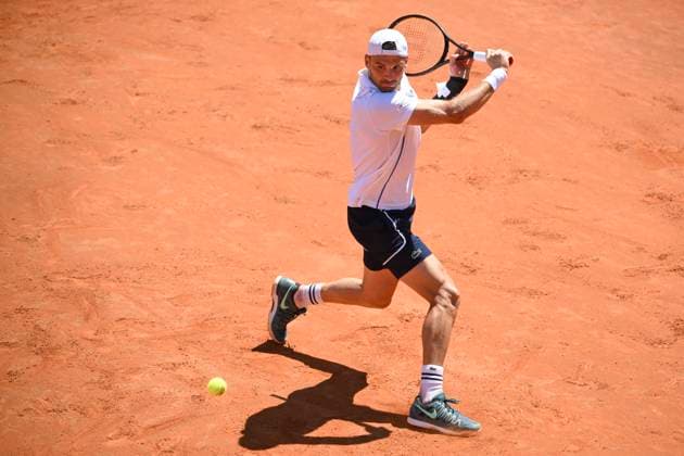 Grigor Dimitrov of Bulgaria in action during the match against Taylor Fritz of United States of America at the Internazionali BNL d Italia 2024 tennis tournament at Foro Italico in Rome, Italy on May 14, 2024. antoniettaxbaldassarre