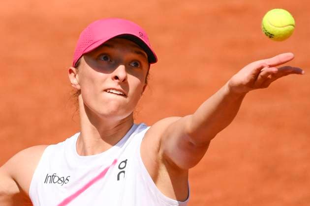 Iga Swiatek of Poland in action during the match against Madison Keys of United States of America at the Internazionali BNL d Italia 2024 tennis tournament at Foro Italico in Rome, Italy on May 14, 2024. Iga Swiatek defeated Madison Keys 6-1, 6-3. antoniettaxbaldassarre
