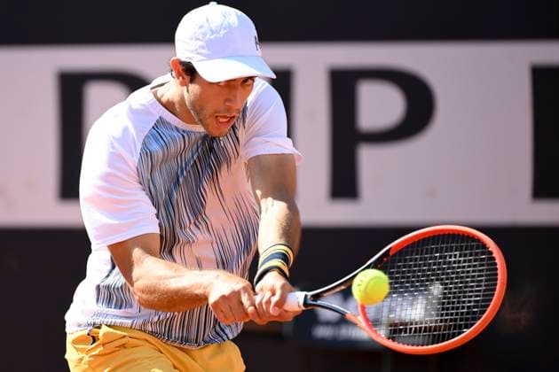 Nuno Borges of Portugal in action during the match against Alexander Zverev of Germany at the Internazionali BNL d Italia 2024 tennis tournament at Foro Italico in Rome, Italy on May 14, 2024. Alexander Zverev defeated Nuno Borges 6-2, 7-5. antoniettaxbaldassarre