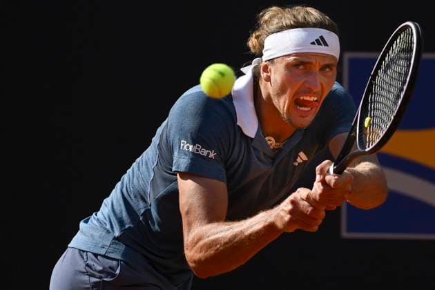 Alexander Zverev of Germany in action during the match against Nuno Borges of Portugal at the Internazionali BNL d Italia 2024 tennis tournament at Foro Italico in Rome, Italy on May 14, 2024. Alexander Zverev defeated Nuno Borges 6-2, 7-5. antoniettaxbaldassarre