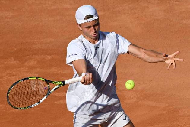 Alexandre Muller of France in action during the match against Nicolas Jarry of Chile at the Internazionali BNL d Italia 2024 tennis tournament at Foro Italico in Rome, Italy on May 14, 2024. Nicolas Jarry defeated Alexandre Muller 7-5, 6-3. antoniettaxbaldassarre