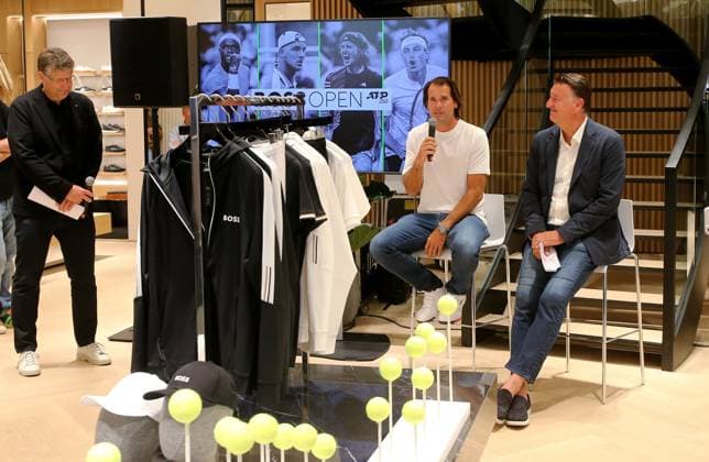 BAU 14 05 2024 Stuttgart Tennis Boss Open PK with tournament ambassador Tommy Haas, from left tournament ambassador Tommy Haas, tournament director Edwin Weindorfer