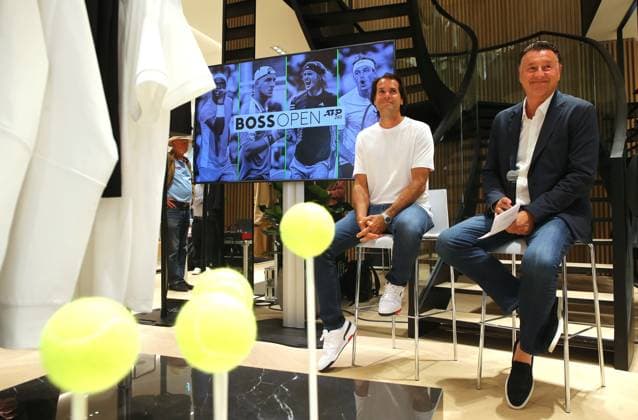 BAU 14 05 2024 Stuttgart Tennis Boss Open PK with tournament ambassador Tommy Haas, from left tournament ambassador Tommy Haas, tournament director Edwin Weindorfer
