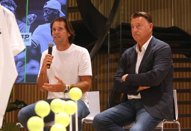 BAU 14 05 2024 Stuttgart Tennis Boss Open PK with tournament ambassador Tommy Haas, from left tournament ambassador Tommy Haas, tournament director Edwin Weindorfer