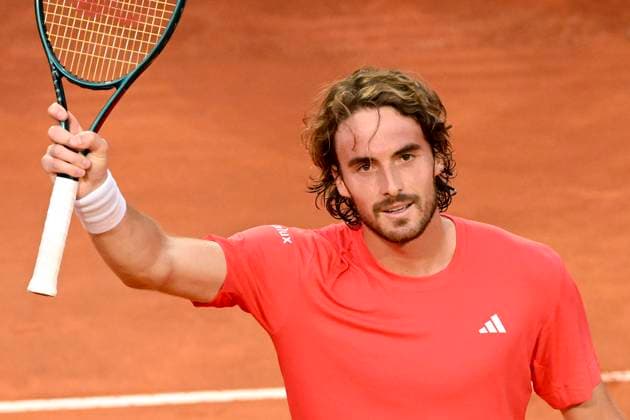 Stefanos Tsitsipas of Greece celebrates at the end of the match against Alex De Minaur of Australia at the Internazionali BNL d Italia 2024 tennis tournament at Foro Italico in Rome, Italy on May 14, 2024. Stefanos Tsitsipas defeated Alex De Minaur 6-1, 6-2. antoniettaxbaldassarre