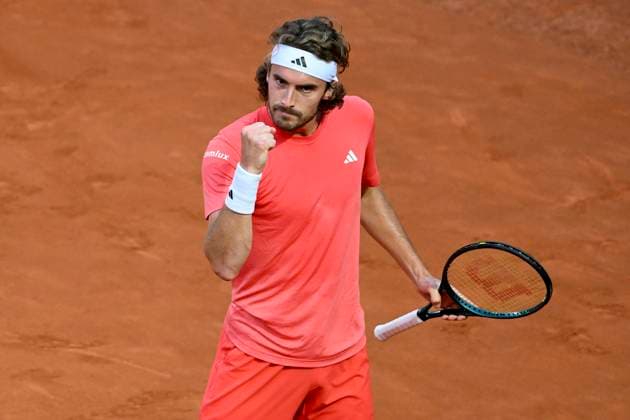 Stefanos Tsitsipas of Greece celebrates during the match against Alex De Minaur of Australia at the Internazionali BNL d Italia 2024 tennis tournament at Foro Italico in Rome, Italy on May 14, 2024. Stefanos Tsitsipas defeated Alex De Minaur 6-1, 6-2. antoniettaxbaldassarre