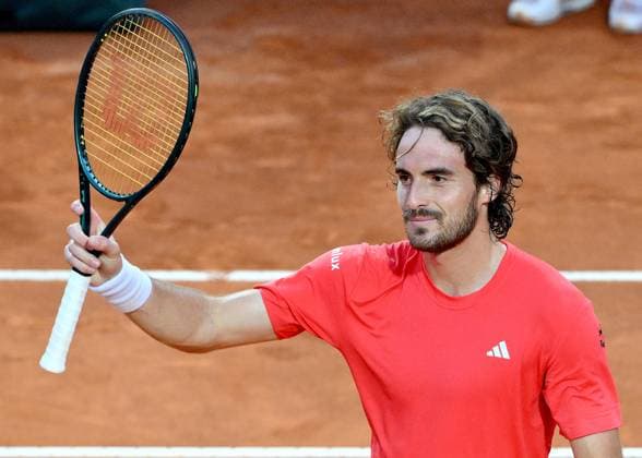May 14, 2024, Rome: Stefanos Tsitsipas of Greece celebrates after winning his men s singles fourth round match against Alex de Minaur of Australia at the Italian Open tennis tournament in Rome, Italy, 14 May 2024. ANSA ETTORE FERRARI Italian Open tennis tournament  - ZUMAa110 20240514_zaf_a110_067 Copyright: xEttorexFerrarix