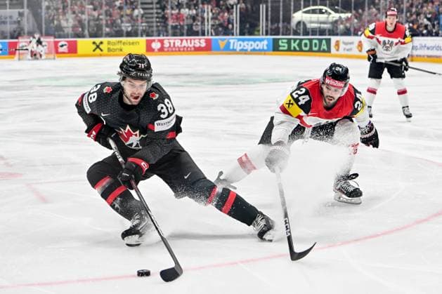 PRAGUE, CZECH REPUBLIC MAY 14 Brandon Hagel of Canada protects the puck from Steven Strong of Austria during the preliminary round match between Canada and Austria at Prague Arena on May 14, 2024 in Prague, Czech Republic Prague Czech Republic Copyright: xJustPictures.ch AndreaxBrancax jp-en-EuSpIm-AB_14052024_AAB_8227