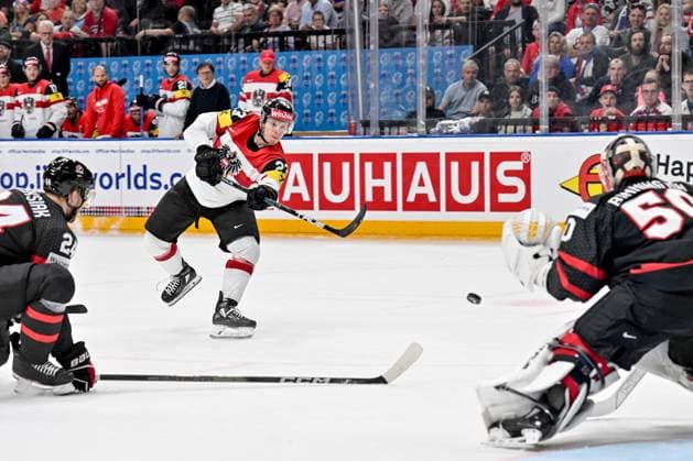 PRAGUE, CZECH REPUBLIC MAY 14 Marco Rossi of Austria shoots the puck during the preliminary round match between Canada and Austria at Prague Arena on May 14, 2024 in Prague, Czech Republic Prague Czech Republic Copyright: xJustPictures.ch AndreaxBrancax jp-en-EuSpIm-AB_14052024_AAB_9472