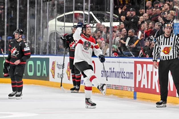 PRAGUE, CZECH REPUBLIC MAY 14 Dominic Zwerger of Austria celebrate after scoring a goal during the preliminary round match between Canada and Austria at Prague Arena on May 14, 2024 in Prague, Czech Republic Prague Czech Republic Copyright: xJustPictures.ch AndreaxBrancax jp-en-EuSpIm-AB_14052024_AAB_9824