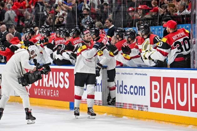 PRAGUE, CZECH REPUBLIC MAY 14 Dominic Zwerger of Austria celebrate after scoring a goal during the preliminary round match between Canada and Austria at Prague Arena on May 14, 2024 in Prague, Czech Republic Prague Czech Republic Copyright: xJustPictures.ch AndreaxBrancax jp-en-EuSpIm-AB_14052024_AAB_9849
