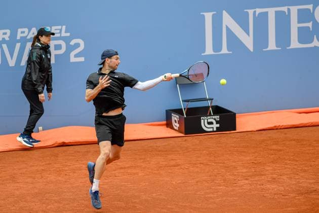 Challenger 175 Piemonte Open Intesa Sanpaolo Tournament Qualifications Italy, Turin 14 05 2024 Sporting Press Club (Turin). Challenger 175 Piemonte Open Intesa Sanpaolo Tournament Qualifications Jurij Rodionov of Austrian plays against Jurij Rodionov of Austrianduring the Challenger 175 Piemonte Open Intesa Sanpaolo Tournament qualifications. Final score; Federico Coria of Argentina 2-1 Jurij Rodionov of Austrian Turin Italy Italy Copyright: TonelloxAbozzi