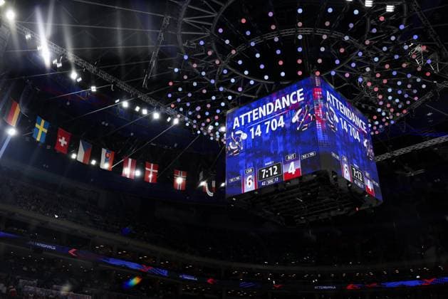 Ice hockey, Eishockey - IIHF WC 2024 PRAGUE,CZECH REPUBLIC,14.MAY.24 - ICE HOCKEY - IIHF Ice Hockey World Championship, WM, Weltmeisterschaft 2024, group stage, Austria vs Canada. Image shows the scoreboard.  GEPAxpictures xDanielxGoetzhaber