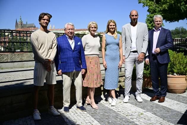 L-R Czech tennis player Tomas Machac, owner of an organizing agency Miroslav Cernosek, tournament director Petra Cernoskova, former tennis player Lucie Safarova, former soccer player Jan Koller and CEO of UniCredit Bank Jakub Dusilek pose during a press conference, PK, Pressekonferenz for the international men s tennis tournament ATP, Tennis Herren Challenger Tour UniCredit Czech Open, in Prague, Czech Republic, on May 15, 2024. (CTKxPhoto RomanxVondrous) CTKPhotoP2024051503936  CTKPhotoP2024051503936