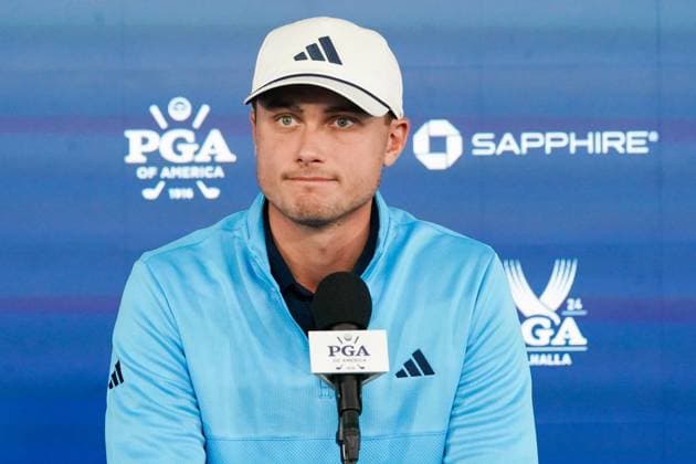 May 15, 2024, Louisville, Kentucky, USA: Ludvig Aberg (SWE) speaks to the media after a practice round before the 2024 PGA, Golf Herren Championship at Valhalla Golf Club in Louisville, Kentucky. Louisville USA - ZUMAw109 20240515_fap_w109_001 Copyright: xDebbyxWongx