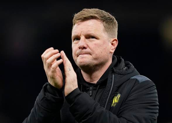 Manchester, England, 15th May 2024. Dejected Eddie Howe manager of Newcastle United during the Premier League match at Old Trafford, Manchester. Picture credit should read: Andrew Yates Sportimage EDITORIAL USE ONLY. No use with unauthorised audio, video, data, fixture lists, club league logos or live services. Online in-match use limited to 120 images, no video emulation. No use in betting, games or single club league player publications. SPI-3154-0110