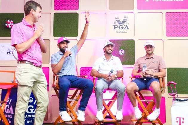 May 15, 2024, Louisville, Kentucky, USA: (L-R) Smylie Kaufman, Tony Finau, Max Homa and Wyndham Clark attend a special T-Mobile event before the 2024 PGA, Golf Herren Championship at Valhalla Golf Club in Louisville, Kentucky. Louisville USA - ZUMAw109 20240515_fap_w109_006 Copyright: xDebbyxWongx