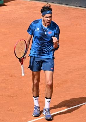 (240516) -- ROME, May 16, 2024 -- Alejandro Tabilo celebrates scoring during the men s singles quarterfinal match between Zhang Zhizhen of China and Alejandro Tabilo of Chile at the Italian Open in Rome, Italy, May 15, 2024. (Photo by Xinhua) (SP)ITALY-ROME-TENNIS ATP, Tennis Herren ITALIAN OPEN-QUARTERFINAL AlbertoxLingria 