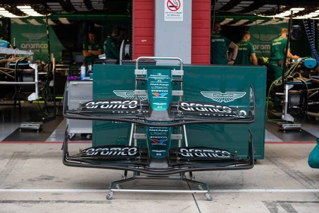 Aston Martin F1 Team AMR23, mechanical detail front wing during the Formula 1 MSC Cruises Gran Premio del Made in Italy e Dell™Emilia-Romagne 2024, 7th round of the 2024 Formula One World Championship, WM, Weltmeisterschaft from May 17 to 19, 2024 on the Autodromo Enzo e Dino Ferrari, in Imola, Italy - F1 - EMILIA-ROMAGNA GRAND PRIX 2024 DPPI Panoramic  240516_R07_EMR_DP__F_16586