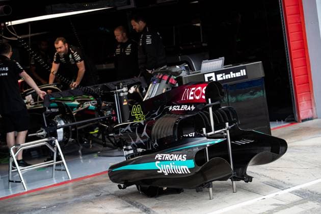 Mercedes AMG F1 Team W15, mechanical detail illustration garage, box, during the Formula 1 MSC Cruises Gran Premio del Made in Italy e Dell™Emilia-Romagne 2024, 7th round of the 2024 Formula One World Championship, WM, Weltmeisterschaft from May 17 to 19, 2024 on the Autodromo Enzo e Dino Ferrari, in Imola, Italy - F1 - EMILIA-ROMAGNA GRAND PRIX 2024 DPPI Panoramic  240516_R07_EMR_DP__F_16711