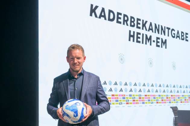 German coach Julian Nagelsmann, with match ball, Press conference PK on the squad, UEFA EURO 2024 Presentation of the squad for the European Championship, Berlin, 16 05 2024, Copyright: HMBxMedia UwexKoch