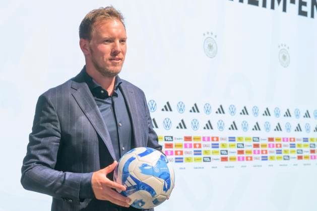 German coach Julian Nagelsmann, with match ball, Press conference PK on the squad, UEFA EURO 2024 Presentation of the squad for the European Championship, Berlin, 16 05 2024, Copyright: HMBxMedia UwexKoch