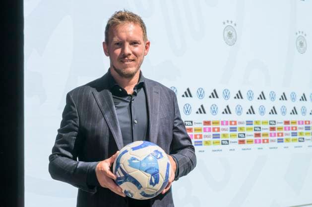 German coach Julian Nagelsmann, with match ball, press conference PK on the squad, UEFA EURO 2024 squad announcement for the European Championship, Berlin, 16 05 2024, Copyright: HMBxMedia UwexKoch