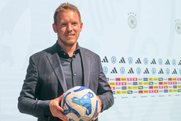 German coach Julian Nagelsmann, with match ball, press conference PK on the squad, UEFA EURO 2024 squad announcement for the European Championship, Berlin, 16 05 2024, Copyright: HMBxMedia UwexKoch