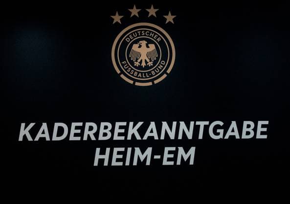 16 05 2024, xlakx, Fußball DFB Medientermine, DFB Pressekonferenz Kaderbekanntgabe EM 2024 emspor, v l Logo KADERBEKANNTGABE HEIM EM DFL DFB REGULATIONS PROHIBIT ANY USE OF PHOTOGRAPHS AS IMAGE SEQUENCES AND OR QUASI VIDEO Daniel Lakomski Jan Huebner Berlin