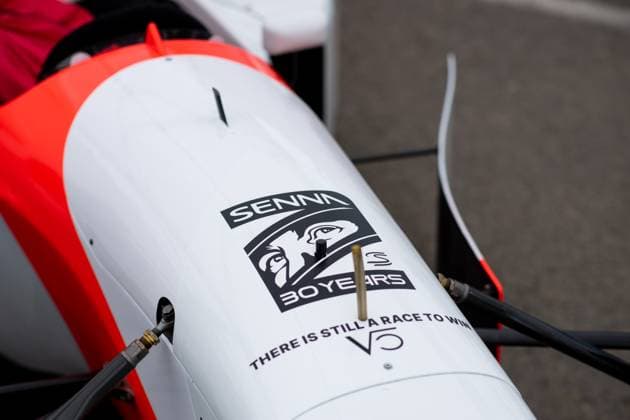 McLaren MP4 8 from 1993, former driver Ayrton Senna Brazil , privately owned by Sebastian Vettel Germany, racing driver , with 30 Years Senna lettering in memory of the fatal accident in 1994, exhibited in the paddock Imola, ITA, Formula 1 World Championship, Grand Prix Emilia Romagna Imola, Autodromo Enzo e Dino Ferrari, Media Day, 16 05 2024 ITA, Formula 1 World Championship, Grand Prix Emilia Romagna Imola, Autodromo Enzo e Dino Ferrari, Media Day, 16 05 2024 Imola Copyright: xEibner-Pressefoto Memmlerx EP_MMR