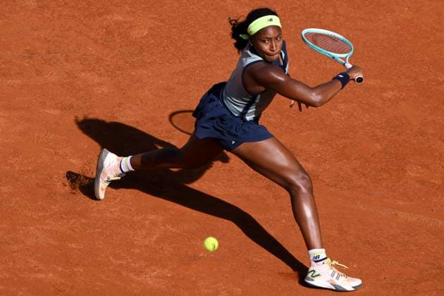 Coco Gauff of United States in action during the match against Iga Swiatek of Poland at the Internazionali BNL d Italia 2024 tennis tournament at Foro Italico in Rome, Italy on May 16, 2024. Iga Swiatek defeated Coco Gauff 6-4, 6-3. antoniettaxbaldassarre
