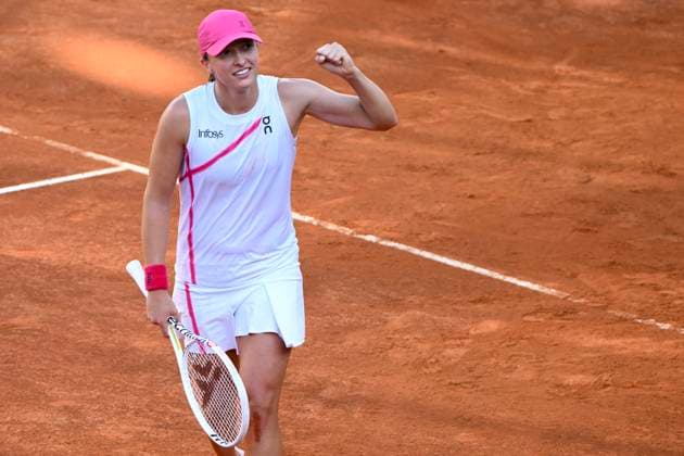 Iga Swiatek of Poland celebrates at the end of the match against Coco Gauff of United States at the Internazionali BNL d Italia 2024 tennis tournament at Foro Italico in Rome, Italy on May 16, 2024. Iga Swiatek defeated Coco Gauff 6-4, 6-3. antoniettaxbaldassarre