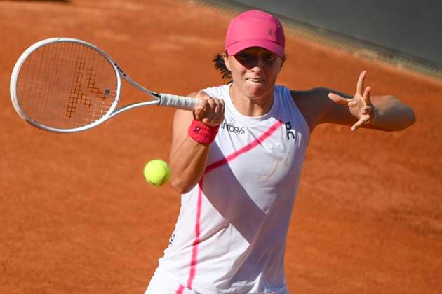 Iga Swiatek of Poland in action during the match against Coco Gauff of United States at the Internazionali BNL d Italia 2024 tennis tournament at Foro Italico in Rome, Italy on May 16, 2024. Iga Swiatek defeated Coco Gauff 6-4, 6-3. antoniettaxbaldassarre