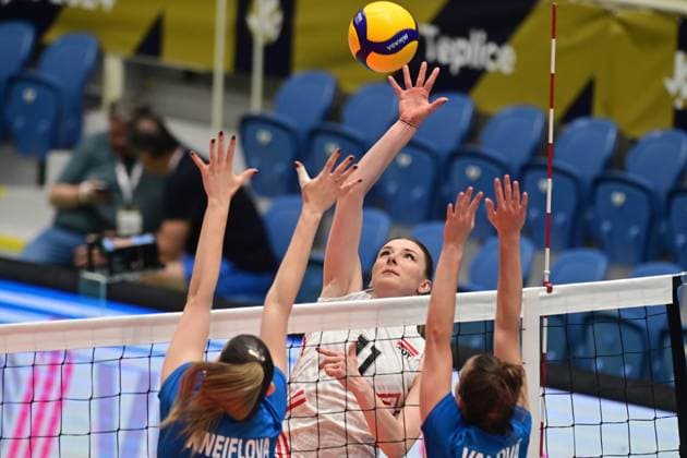 CEV Volleyball European Golden League 2024, match Czech Republic vs Austria in Teplice, Czech Republic, May 16, 2024. From left Czech Ema Kneiflova, Monika Chrtianska of Austria and Katerina Valkova of Czech Republic. (CTKxPhoto SlavomirxKubes) CTKPhotoP2024051608500  CTKPhotoP2024051608500