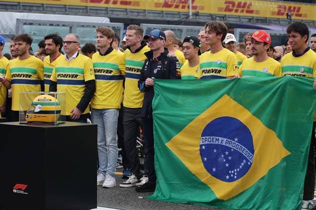 16 05 2024, Autodromo Enzo e Dino Ferrari, Imola, Formula 1 Grand Prix Emilia Romagna 2024 ,in the picture Sebastian Vettel races around the track with all Formula 1, Formula 2 and Formula 3 drivers, in memory of the fatal accidents of Ayrton Senna and Roland Ratzenberger Pierre Gasly FRA , Alpine F1 Team, Carlos Sainz Jr ESP , Scuderia Ferrari HP Stefano Domenicali, Logan Sargeant USA , Williams Racing, Nico Hülkenberg DEU , Haas F1 Team, Max Verstappen NLD , Oracle Red Bull Racing, Zhou Guanyu CHN , Stake F1 Team Kick Sauber, George Russell GBR , Mercedes AMG Petronas Formula One Team, Charles Leclerc MCO , Scuderia Ferrari HP, Esteban Ocon FRA , Alpine F1 Team Defodi 506 20240516 hbr 2564 Defodi-506