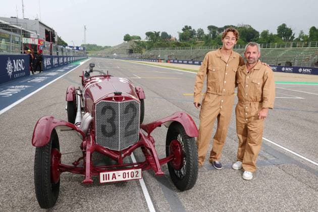 RUSSELL George (gbr), driving the 100-year-old Mercedes race car, GLOCK Timo, former F1 driver, portrait the Formula 1 MSC Cruises Gran Premio del Made in Italy e Dell™Emilia-Romagne 2024, 7th round of the 2024 Formula One World Championship, WM, Weltmeisterschaft from May 17 to 19, 2024 on the Autodromo Enzo e Dino Ferrari, in Imola, Italy - F1 - EMILIA-ROMAGNA GRAND PRIX 2024 DPPI Panoramic 240516_R07_EMR_DP_1Q0A7487