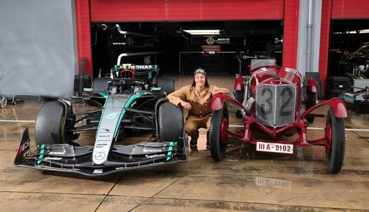 Mercedes AMG F1 Team W15, RUSSELL George (gbr), driving the 100-year-old Mercedes race car, the Formula 1 MSC Cruises Gran Premio del Made in Italy e Dell™Emilia-Romagne 2024, 7th round of the 2024 Formula One World Championship, WM, Weltmeisterschaft from May 17 to 19, 2024 on the Autodromo Enzo e Dino Ferrari, in Imola, Italy - F1 - EMILIA-ROMAGNA GRAND PRIX 2024 DPPI Panoramic  240516_R07_EMR_DP_1Q0A7838
