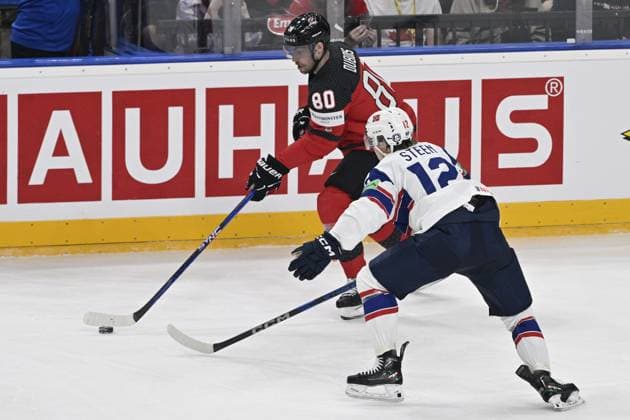 Canada vs. Norway group A match of the 2024 IIHF World Championship, WM, Weltmeisterschaft in Prague, Czech Republic, on May 16, 2024. From left Pierre-Luc Dubois of Canada, Noah Steen of Norway. (CTKxPhoto KaterinaxSulova) CTKPhotoP2024051609621  CTKPhotoP2024051609621
