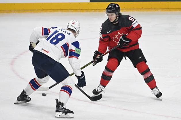 Canada vs. Norway group A match of the 2024 IIHF World Championship, WM, Weltmeisterschaft in Prague, Czech Republic, on May 16, 2024. From left Thomas Olsen of Norway, Connor Bedard of Canada (CTKxPhoto KaterinaxSulova) CTKPhotoP2024051609639  CTKPhotoP2024051609639